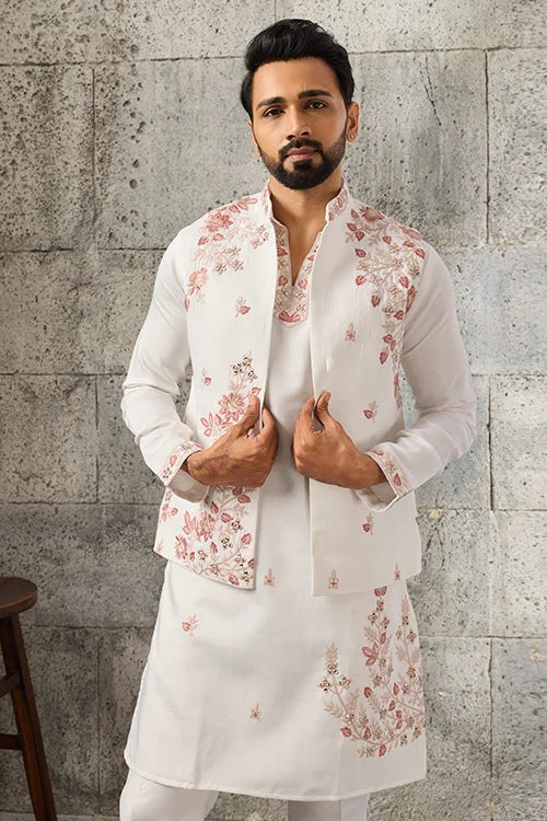 Front View of Premium Designer White Mirror Work Koti Kurta Set for Men's Wear