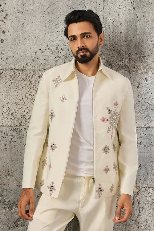 Detailed Mirror Embroidery on Exclusive White Men's Bomber Jacket