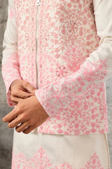 Detailed Embroidery on Luxury White Viscose Silk Koti Kurta Set