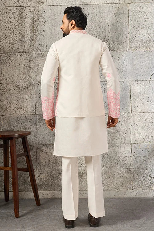 Back View of Luxury White Viscose Silk Koti Kurta Set with Embroidery for Men