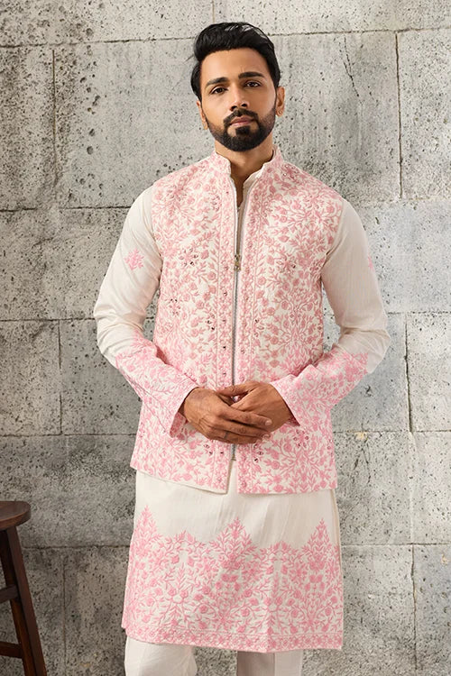 Front View of Luxury White Viscose Silk Koti Kurta Set with Embroidery for Men