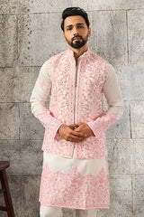 Front View of Luxury White Viscose Silk Koti Kurta Set with Embroidery for Men