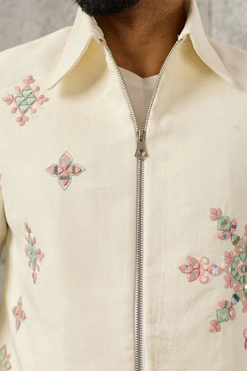 White Mirror Work Wedding Bomber Jacket for Men