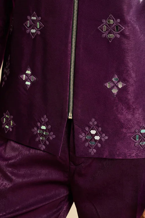 Detailed Embroidery and Mirror Work on Trending Designer Wine Men's Bomber Jacket