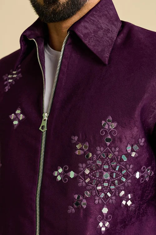 Side View of Trending Designer Wine Mirror Work Men's Bomber Jacket