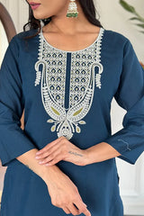 Women's Designer Kurti Set in Navy Blue with Poly Chanderi Dupatta