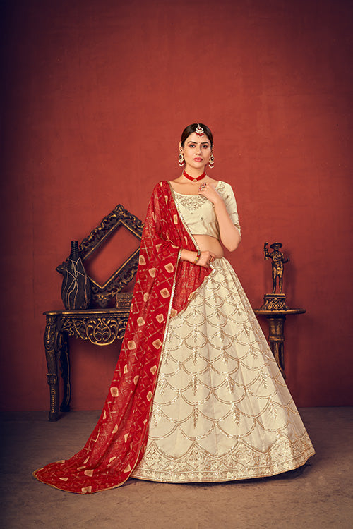 Beige Art Silk Embroidered Lehenga Choli