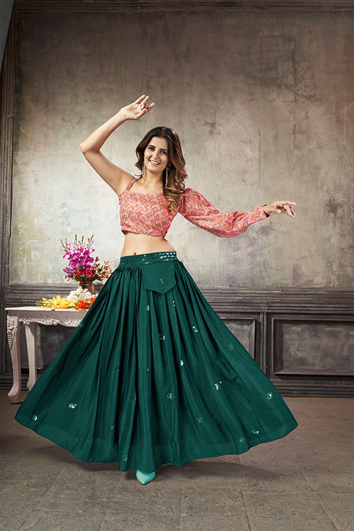 Green Art Silk Thread With Sequins Embroidered Crop-Top Skirt