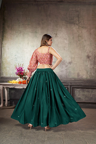 Green Art Silk Thread With Sequins Embroidered Crop-Top Skirt