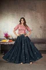 Navy Art Silk Thread With Sequins Embroidered Crop-Top Skirt