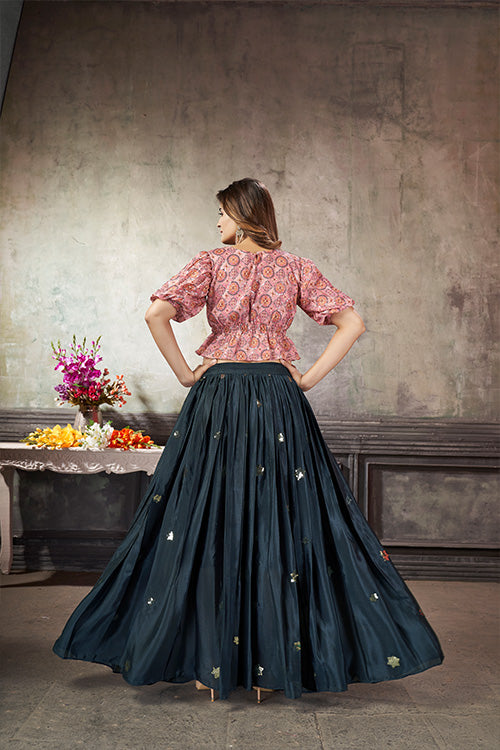 Navy Art Silk Thread With Sequins Embroidered Crop-Top Skirt