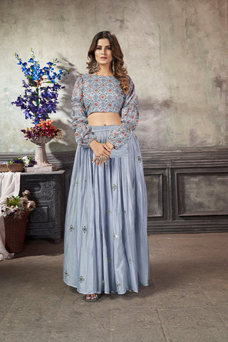 Sky Art Silk Thread With Sequins Embroidered Crop-Top Skirt 