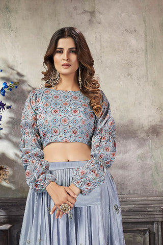 Sky Art Silk Thread With Sequins Embroidered Crop-Top Skirt