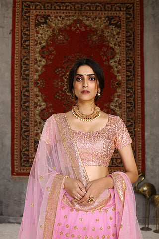Traditional Indian Bridal Style Net Embroidered Pink Lehenga Choli 124.2