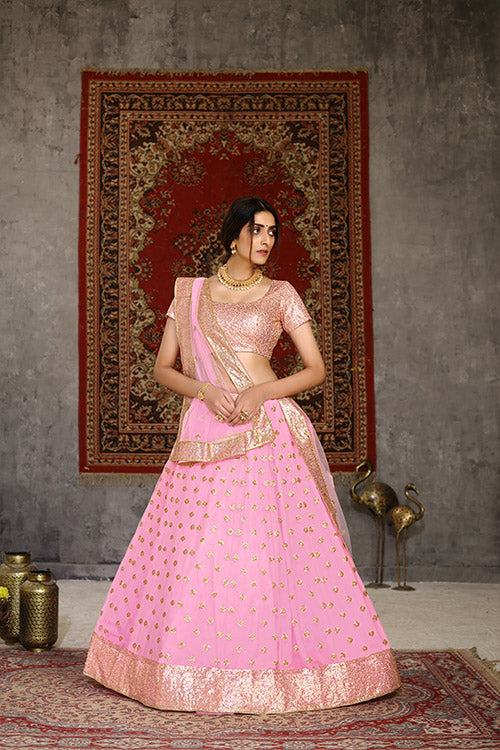 Traditional Indian Bridal Style Net Embroidered Pink Lehenga Choli 124.3